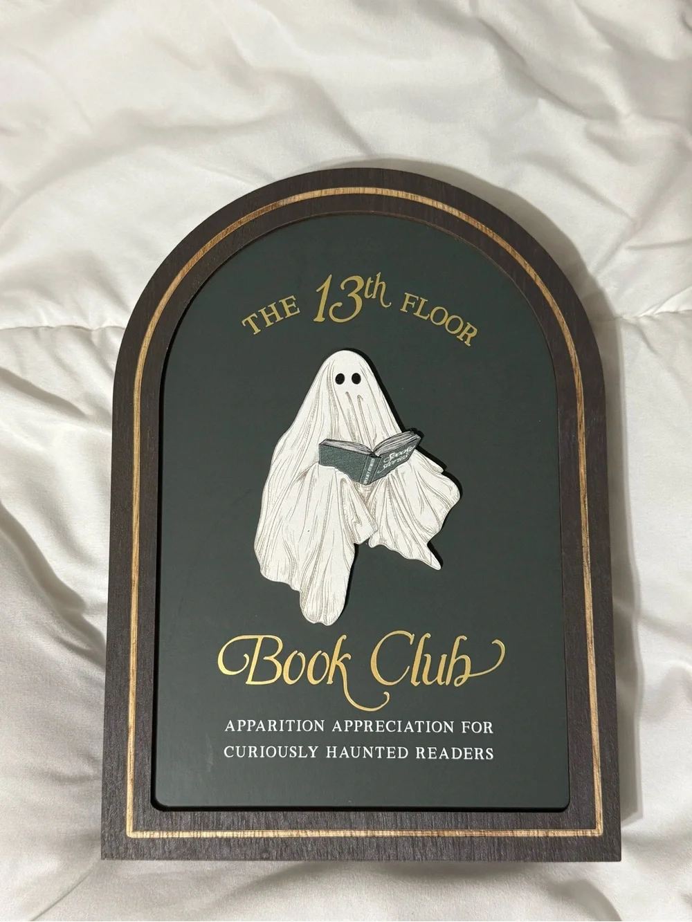 The 13th Floor Book Club Wood Plaque - Black & White Ghost Decor